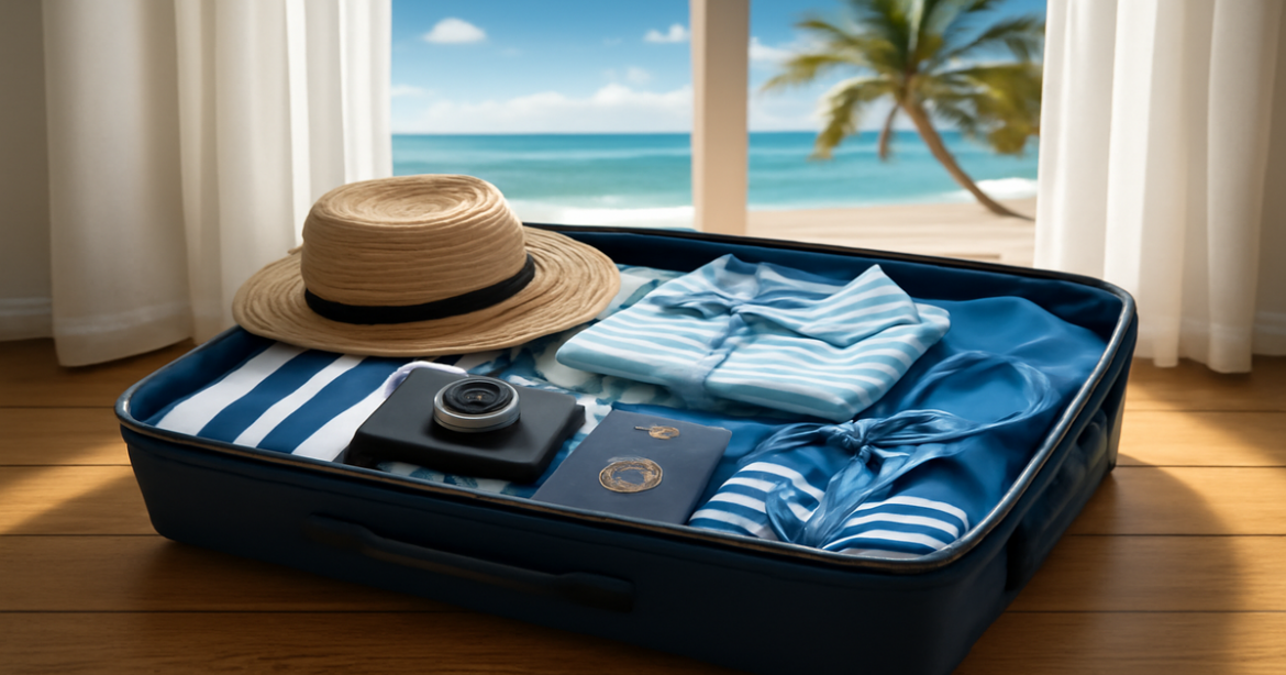 A vibrant scene of vacation preparation, showcasing essentials for a successful отпуск.