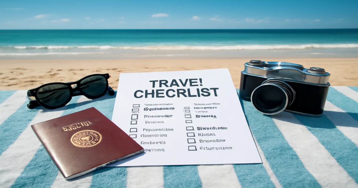 A checklist for правильная подготовка к отпуску with travel essentials on a beach, inspiring vacation vibes.
