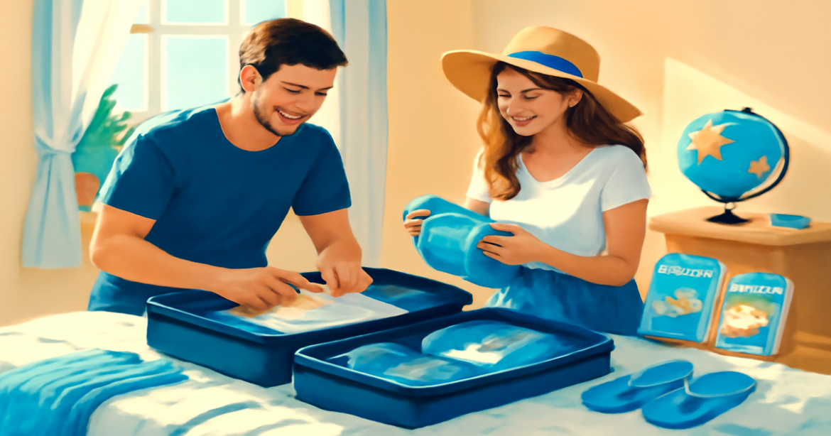 A couple preparing for their vacation abroad, showcasing essential travel items and an inspiring atmosphere.