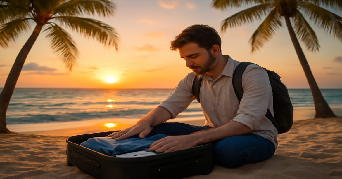 Inspiring beach scene representing подготовка к поездке with a traveler packing for vacation.