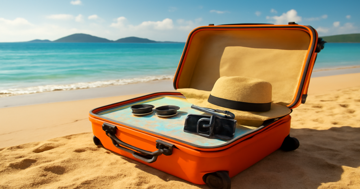Inspiring image of подготовка к поездке on a beautiful beach with travel essentials.