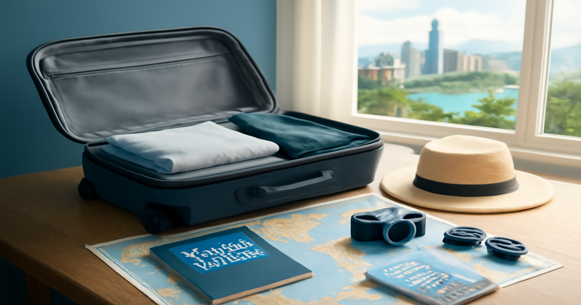 Preparation for travel scene with suitcase, guides, and city skyline, highlighting подготовка к поездке.