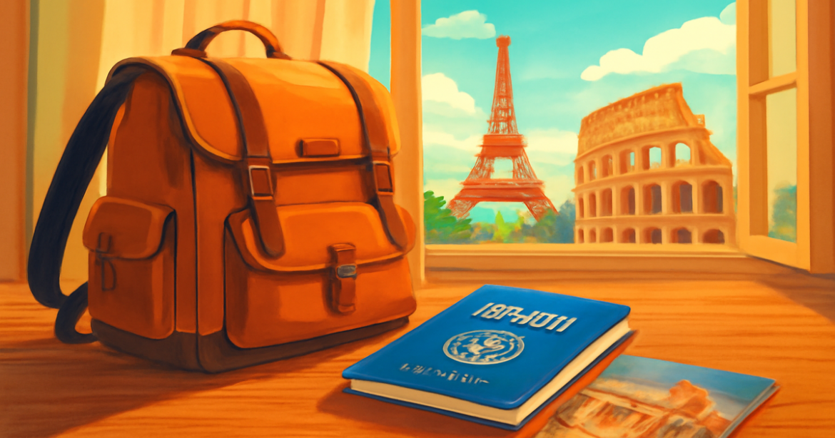 Preparing for a trip to Europe with essentials like a backpack and travel guide, showcasing iconic landmarks.