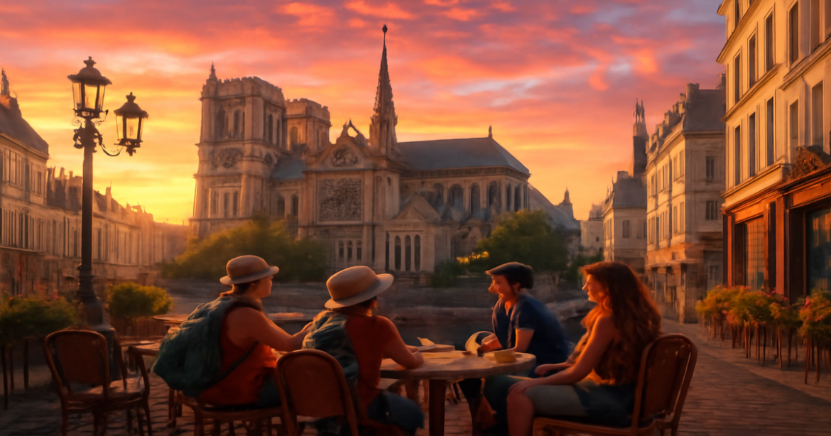 Beautiful sunset view of a European city, perfect for 'подготовка к поездке в Европу'.