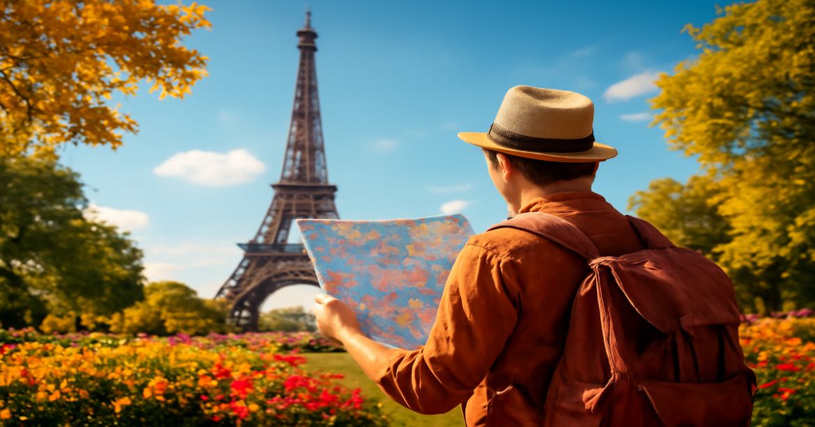 Inspiring image of a traveler preparing for a поездка в Европу at a famous landmark.