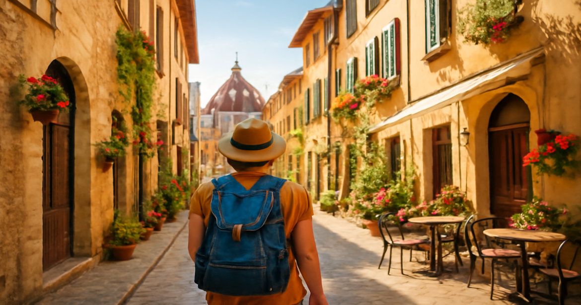 A traveler enjoying a beautiful street in Italy, perfect for planning a поездка в Италию.