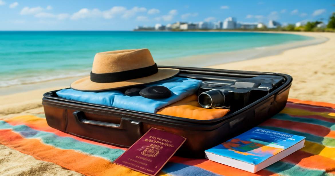 Inspiring image representing подготовка к поездке за границу with travel essentials on a beach.