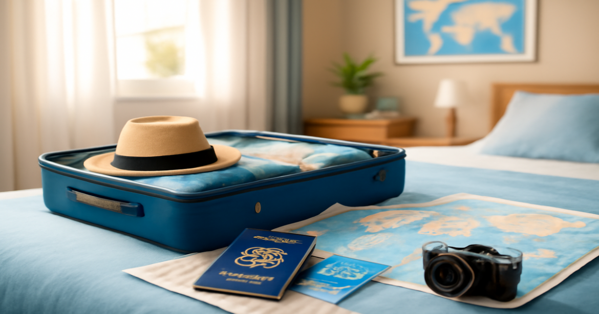 A traveler’s preparation for an international journey, showcasing tips for подготовка к путешествию.