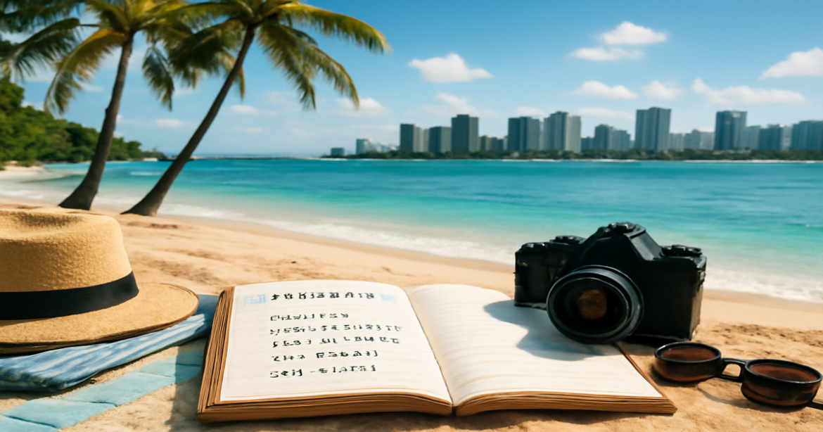 Inspiring image depicting подготовка к самостоятельным путешествиям with a beach and city skyline.