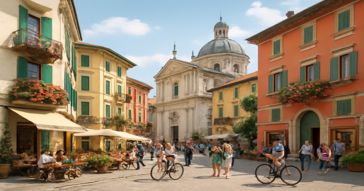 A vibrant street scene showcasing a самостоятельное путешествие по Европе in a picturesque European city.