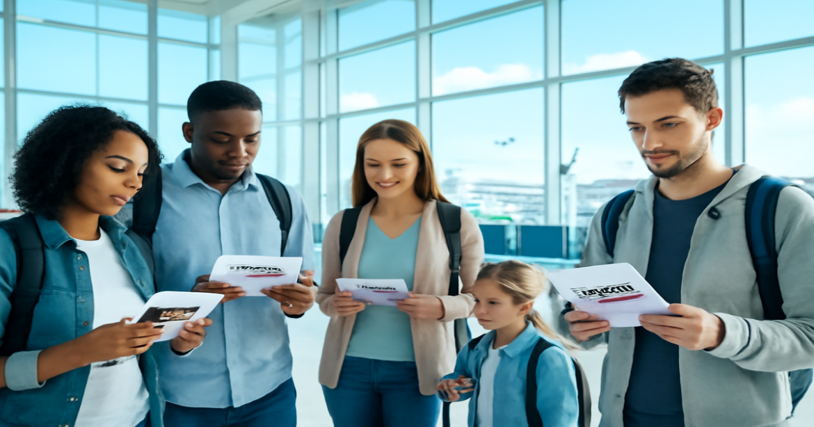 Travelers preparing for their виза для поездки в США in a modern airport setting.