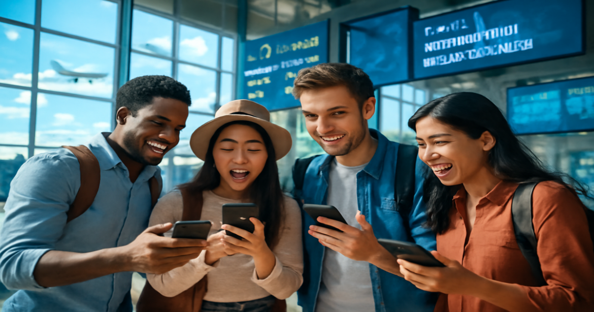 A vibrant airport scene illustrating поиск авиабилетов with travelers eagerly checking for deals.