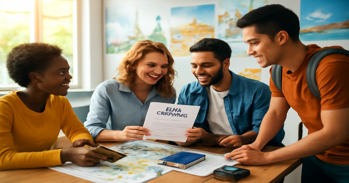 A professional image representing получение визы for international travel in a bright, inviting office setting.