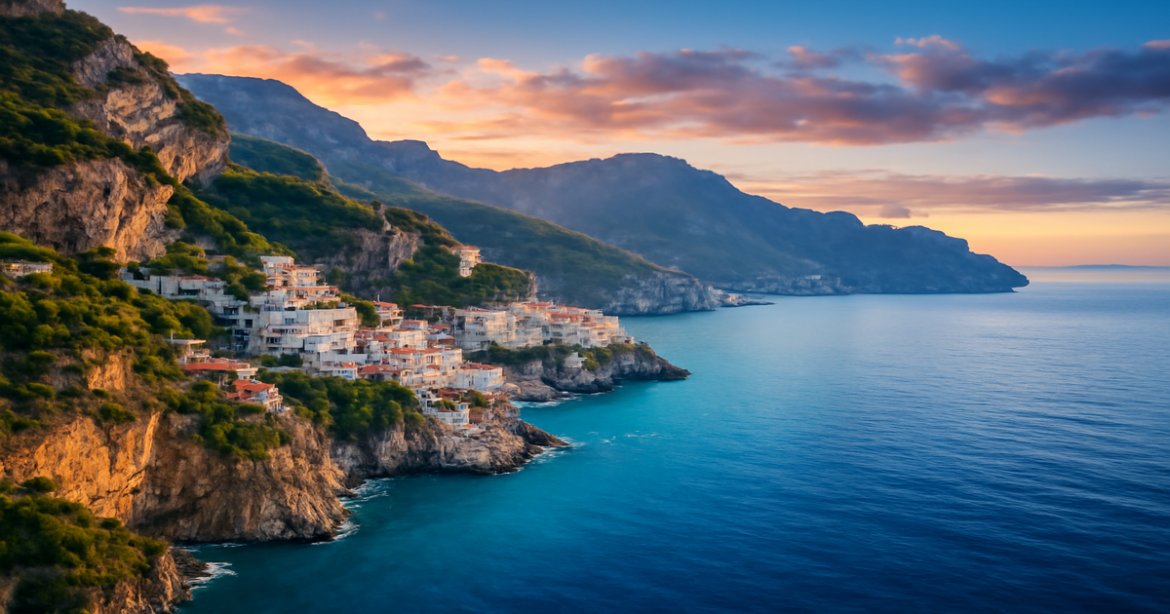 Stunning Amalfi Coast view, perfect for a путеводитель по Италии, highlighting Italy's natural beauty.