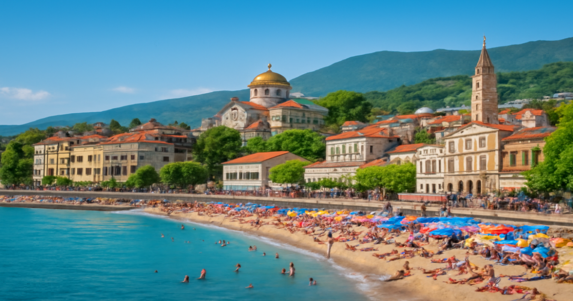 Scenic view of a Крым coastal city with beaches and landmarks, perfect for travel inspiration.