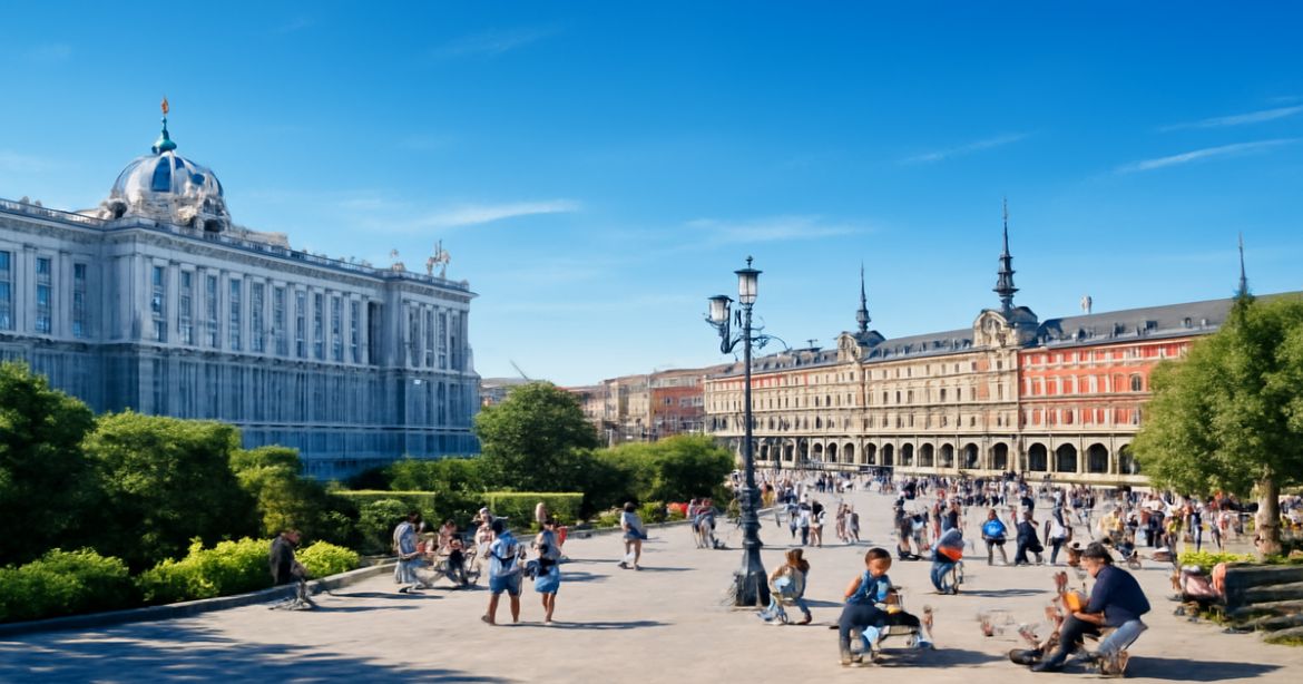 Explore the beauty of Madrid in this vibrant cityscape featuring landmarks and lively streets.