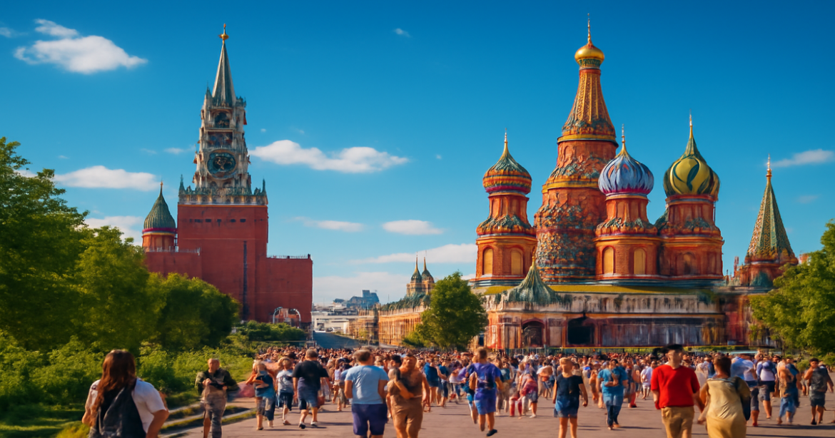 Explore Москва's landmarks with a vibrant image of the Kremlin and St. Basil's Cathedral.