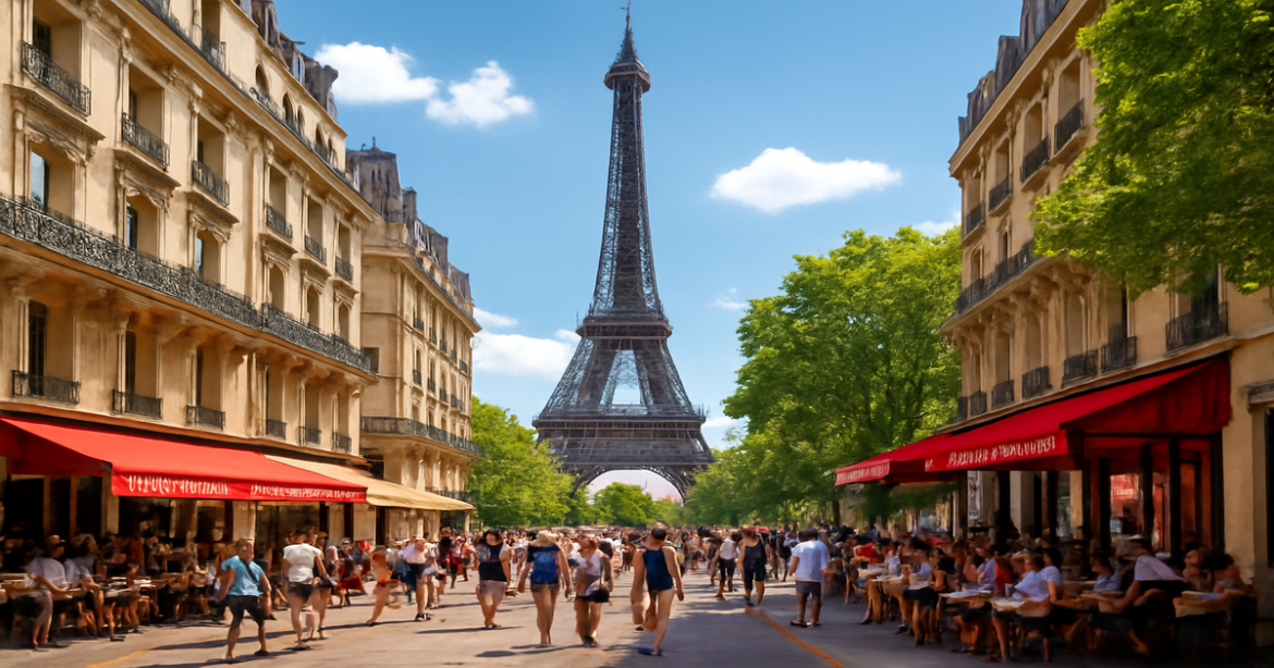 Explore the beauty of Париж with a stunning view of the Eiffel Tower and vibrant city life.