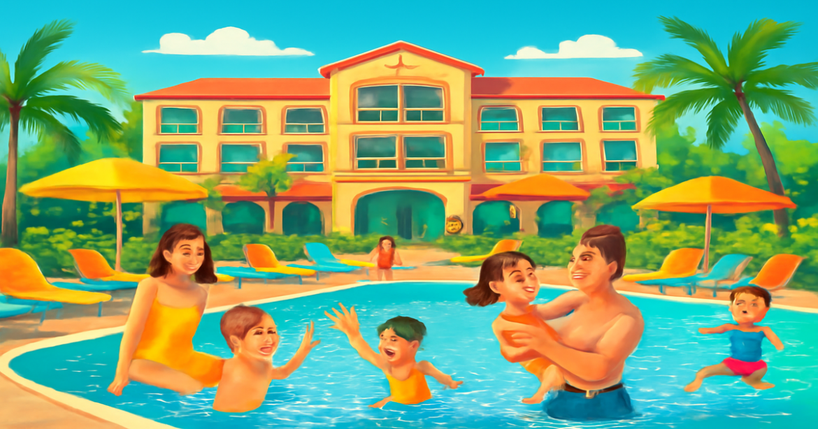 A family-friendly hotel scene, perfect for отели для отдыха с детьми, showcasing fun and relaxation.