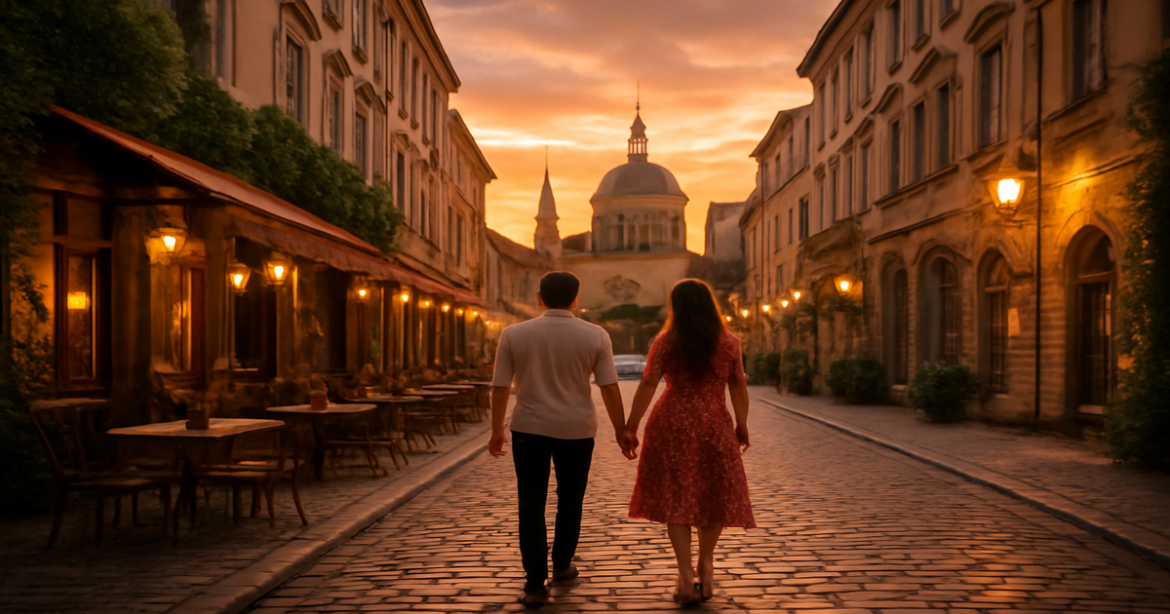 Romantic getaway in Europe showcasing a couple enjoying a beautiful sunset.
