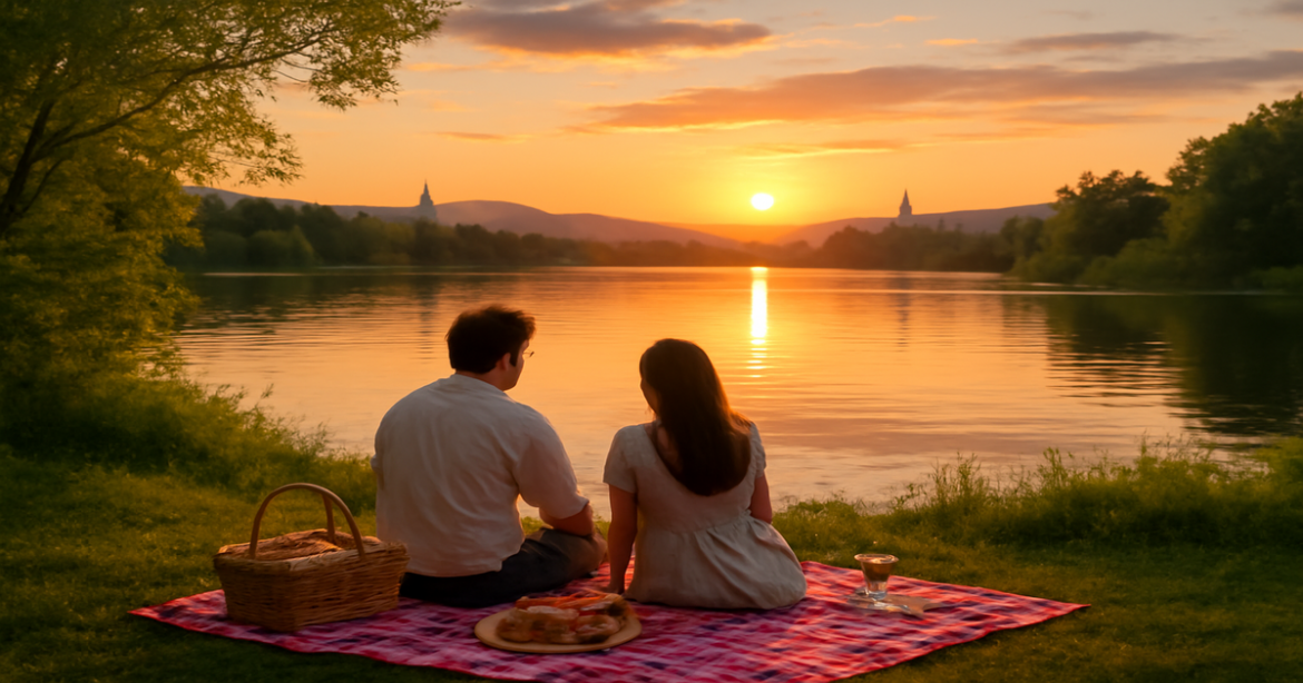 Stunning sunset over a lake, perfect for a романтический отпуск in Russia.