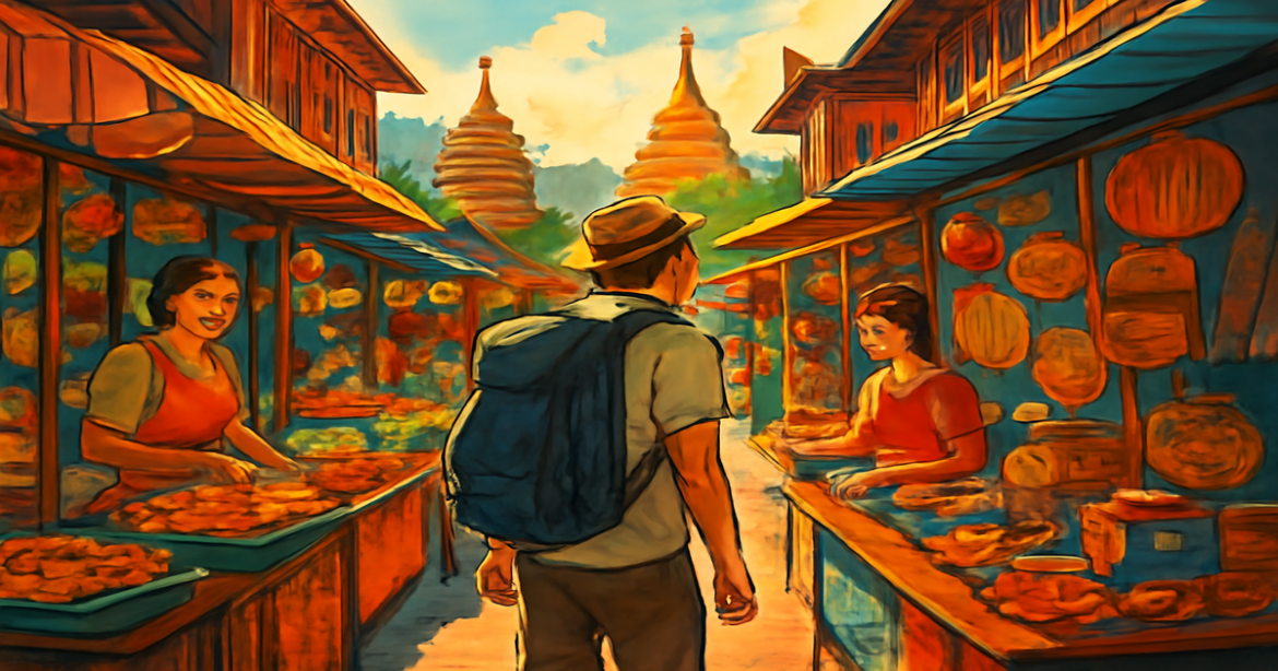 A vibrant scene of a traveler exploring Asia, perfect for самостоятельные поездки по Азии.