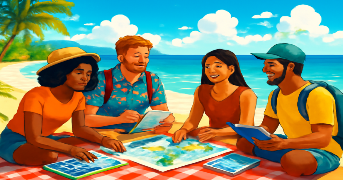 Inspiring image of travelers planning самостоятельные путешествия at a sunny beach destination.