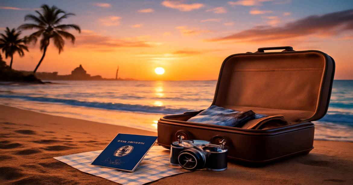 A picturesque beach scene depicting preparation for a trip abroad, embodying 'подготовка к поездке за границу'.