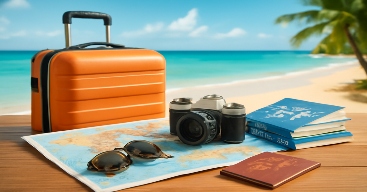 A vibrant scene depicting подготовка к поездке with travel essentials and a beautiful beach backdrop.
