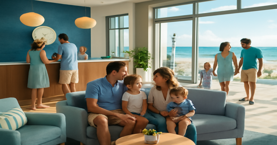 A beautiful beachside hotel, showcasing families enjoying their stay, emphasizing the выбор отеля for family vacations.