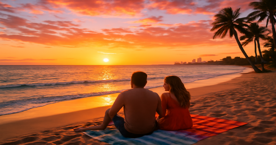 A beautiful beach sunset scene representing seasonal отдых, perfect for travel inspiration.