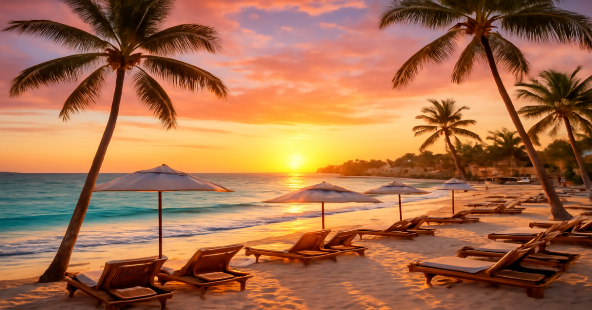 Seasonal travel image capturing a beach resort, perfect for vacation planning and highlighting сезонность отдыха.