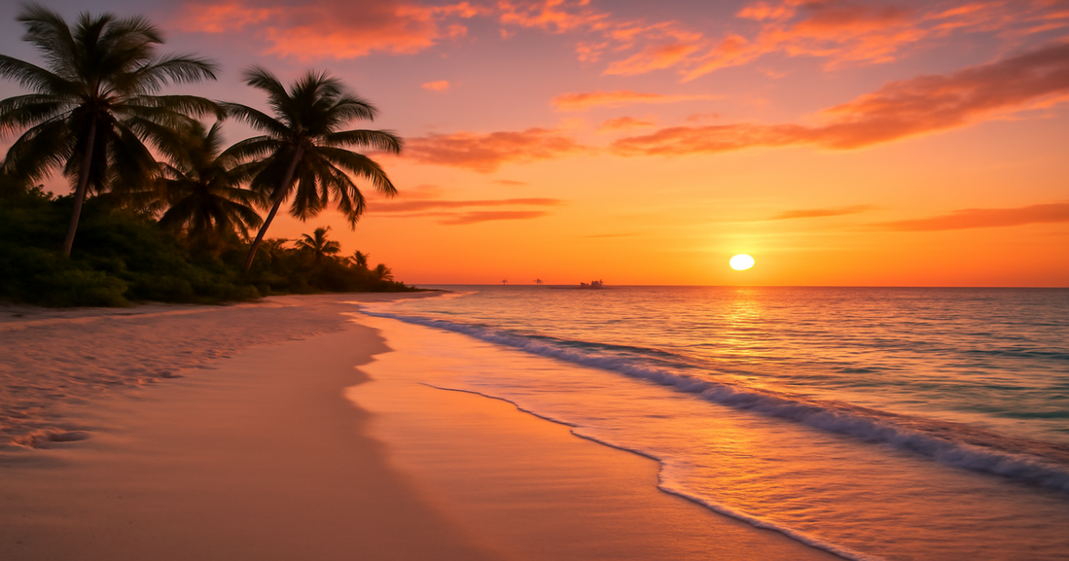 A beautiful beach at sunset representing сезонность отдыха and ideal vacation planning.