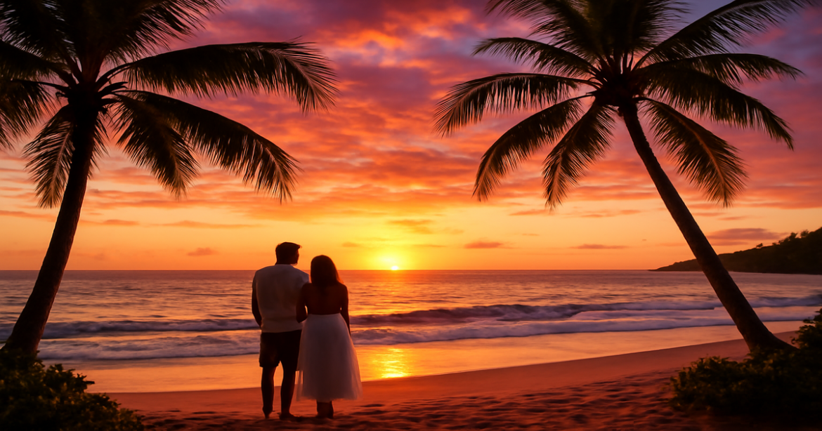 A beautiful beach at sunset, perfect for seasonal отдых in 2026, showcasing tranquility and stunning views.