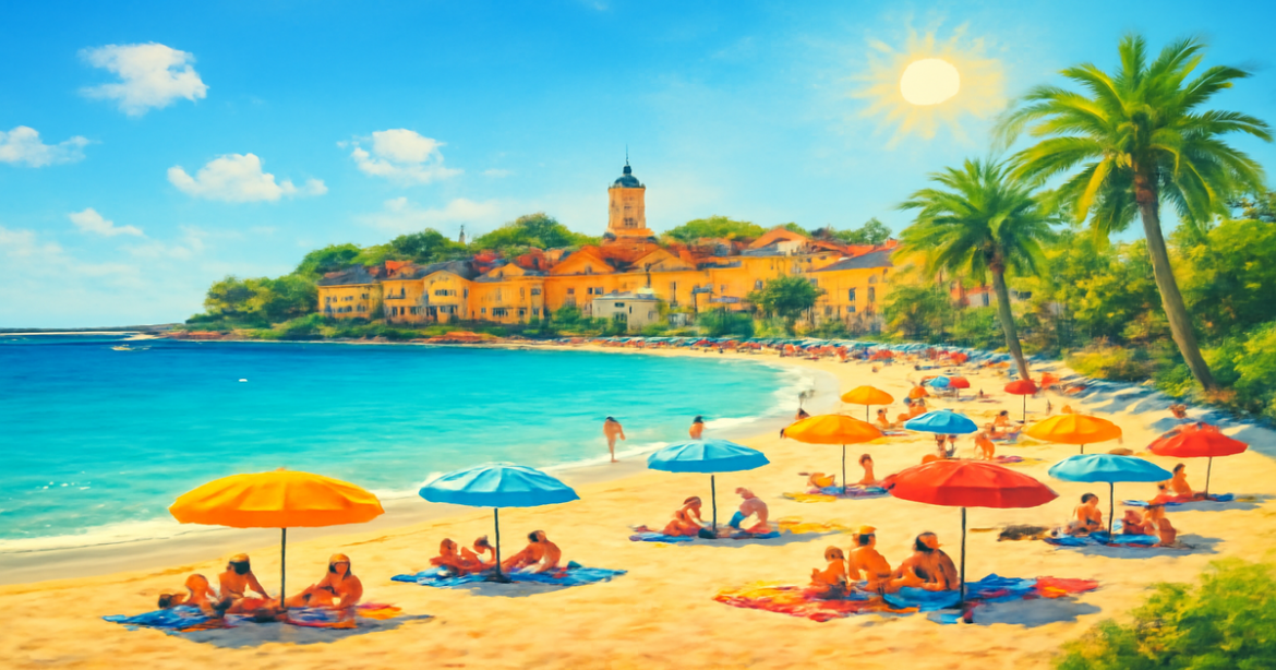A beautiful southern beach scene perfect for seasonal отдых на юге, showcasing sun, sand, and vibrant destinations.