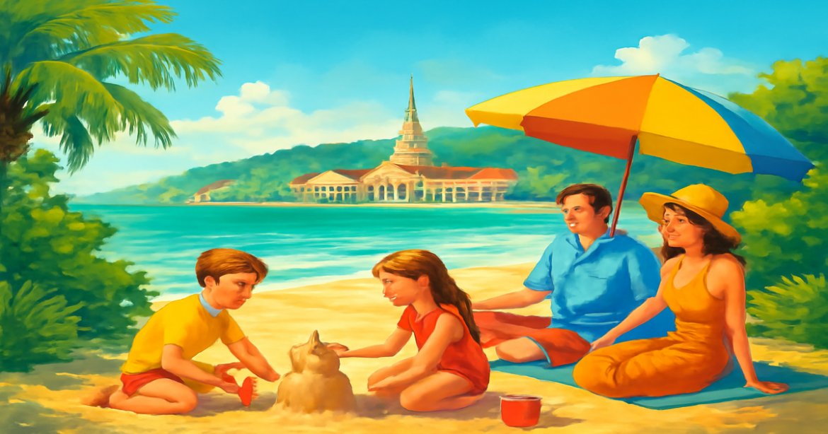Family enjoying Сочи отдых с детьми at a beach, with lush scenery and clear blue skies.