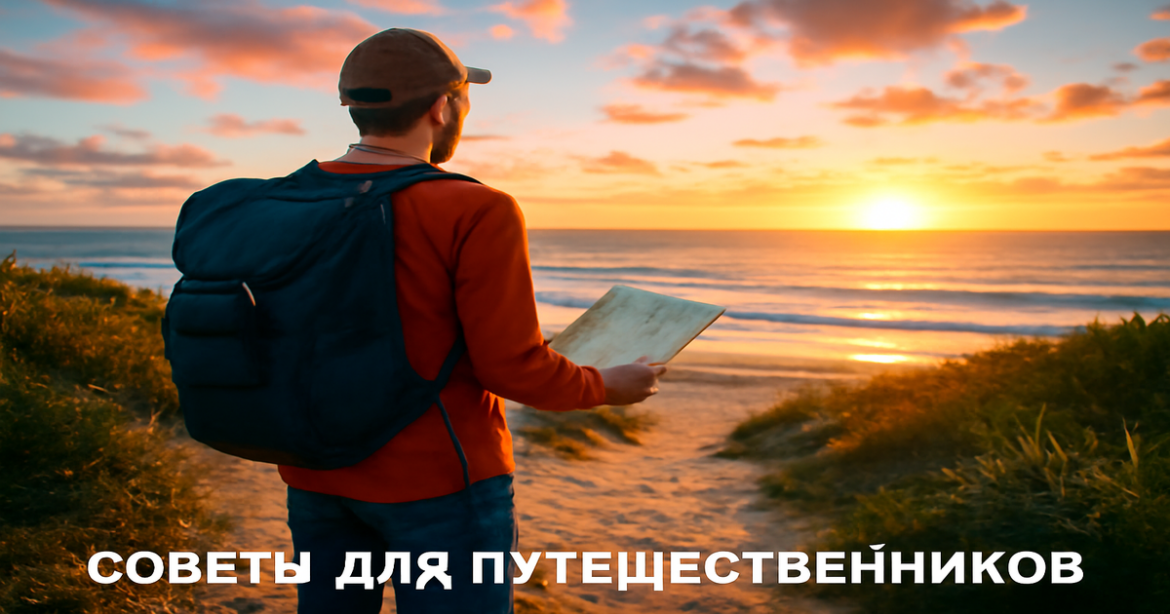 Inspiring travel image illustrating советы для путешественников on a beach at sunset.