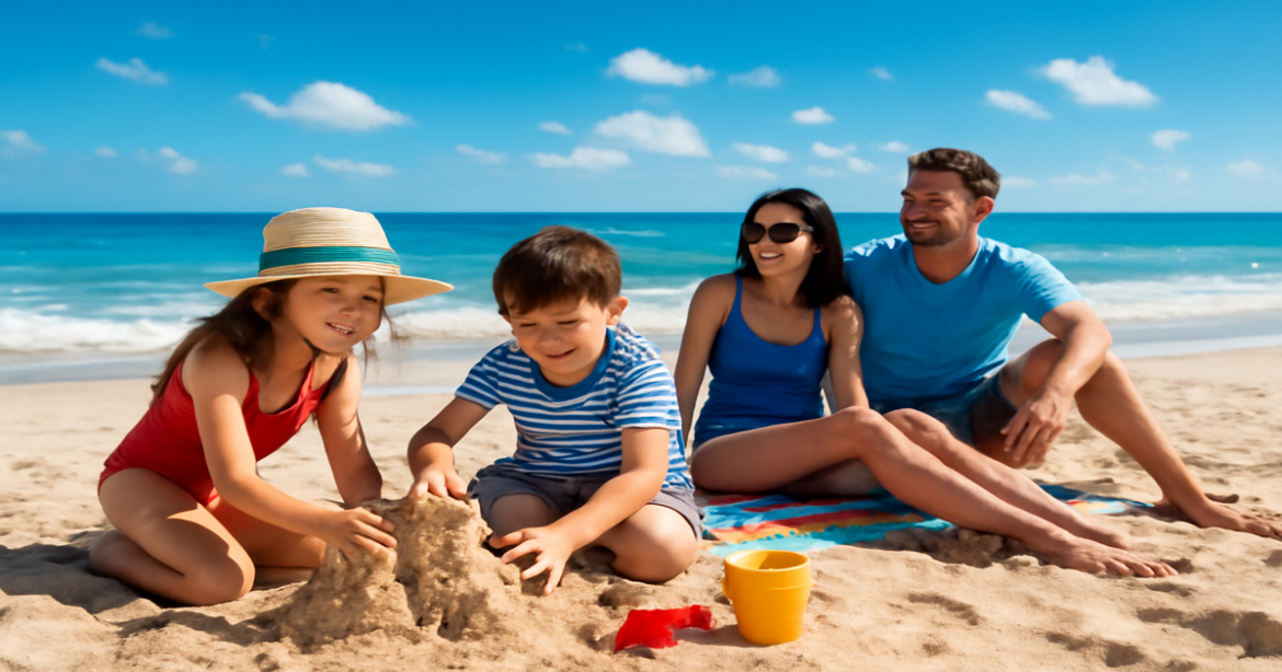A joyful family enjoying a beach vacation, embodying the essence of семейный отдых.