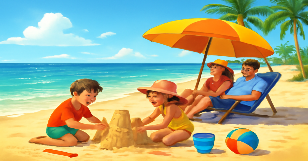Family enjoying пляжный отдых с детьми at a sunny beach with sandcastles and turquoise waves.