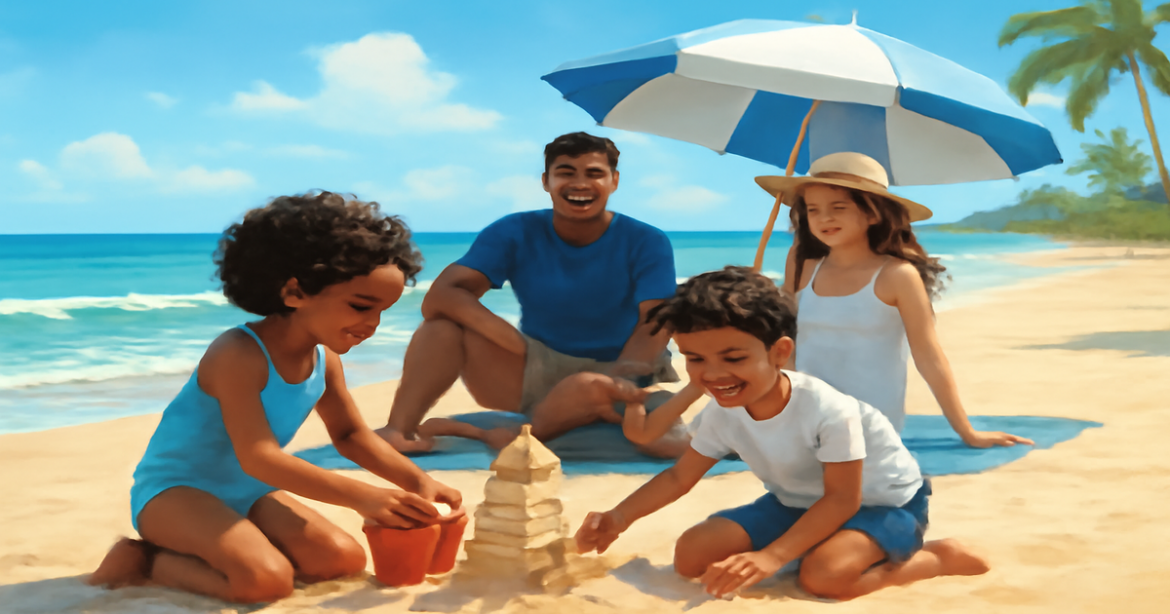 Family beach vacation scene illustrating отдых с детьми in a bright, inviting setting.