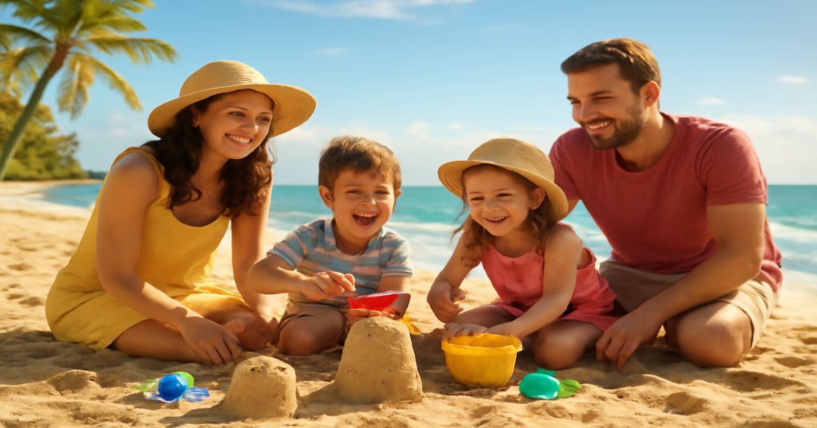 Family enjoying the beach during their путешествие с детьми, showcasing fun and relaxation.