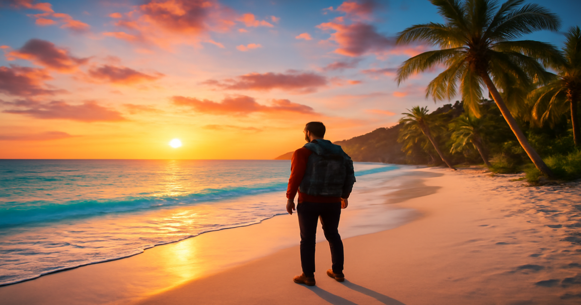 Inspiring beach scene for самостоятельные путешествия, featuring a traveler at sunset.
