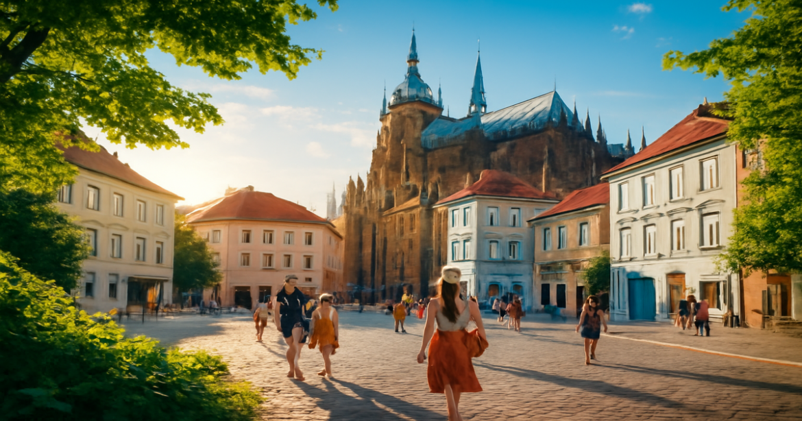 Stunning scene of самостоятельные путешествия в Европу, showcasing iconic landmarks and vibrant city life.