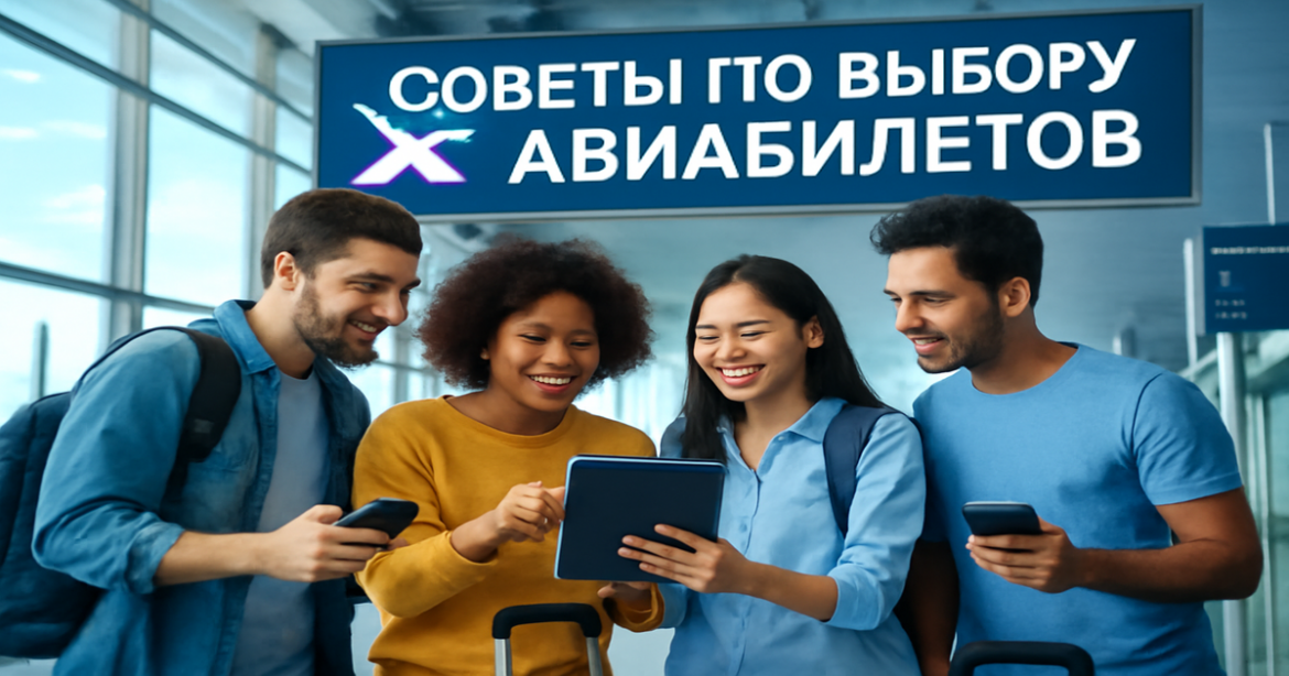 A vibrant airport scene illustrating советы по выбору авиабилетов for travelers planning their next adventure.
