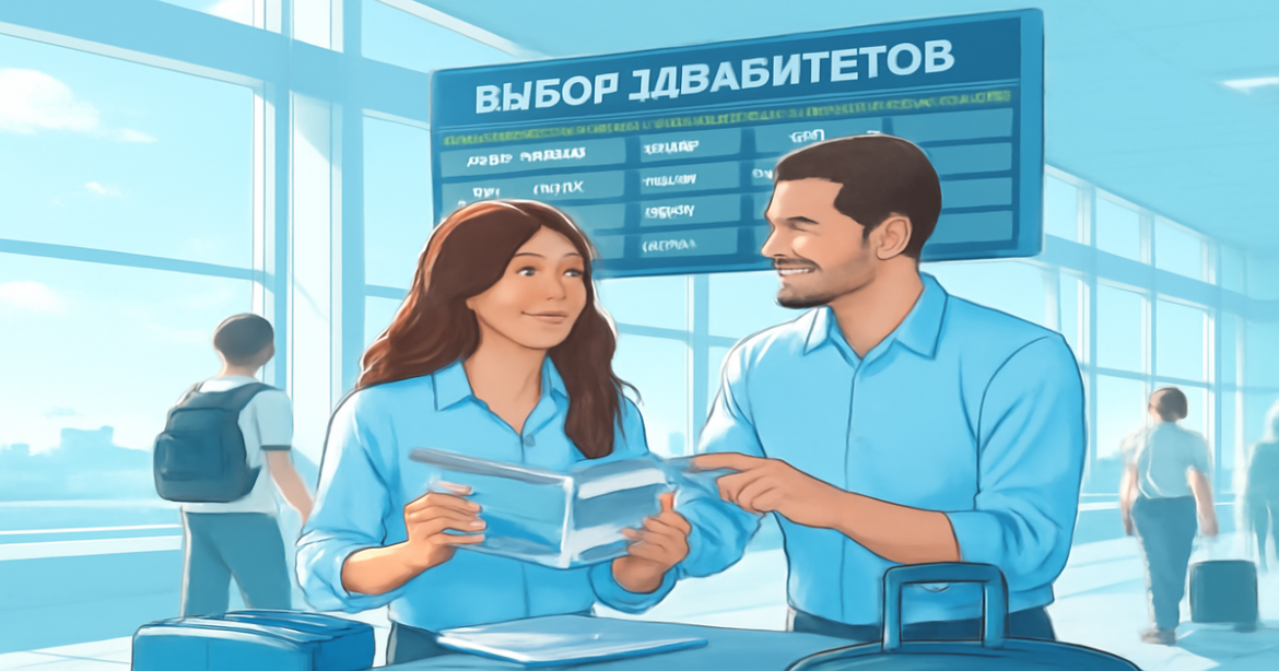 A vibrant airport scene illustrating выбор авиабилетов, perfect for travel planning inspiration.
