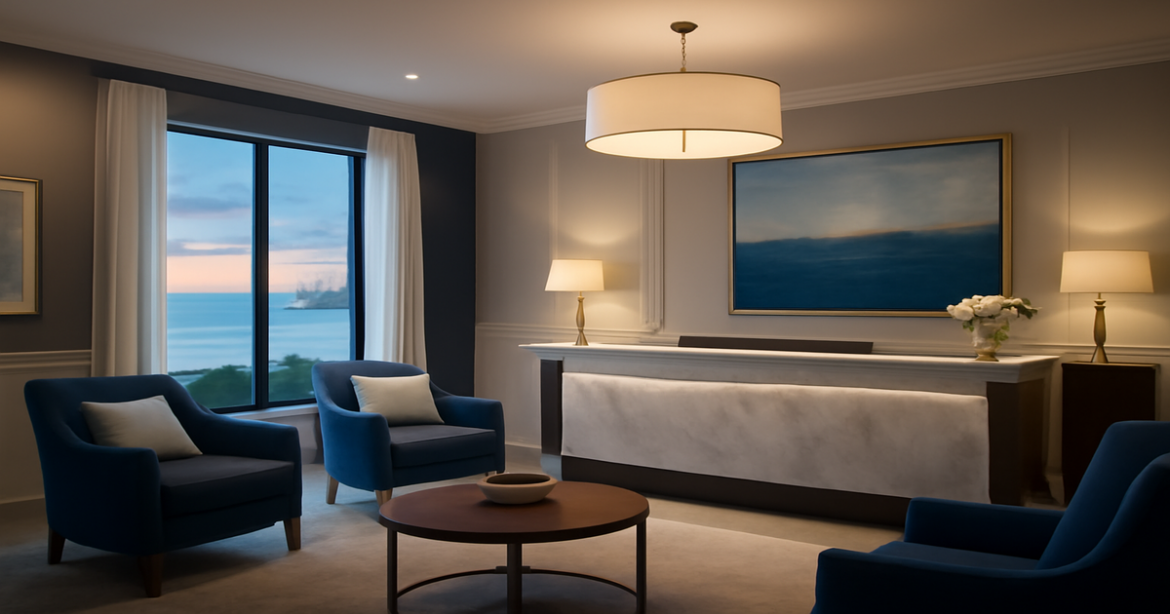 Explore the best выбор отелей with a stunning hotel lobby inviting travelers to unwind.