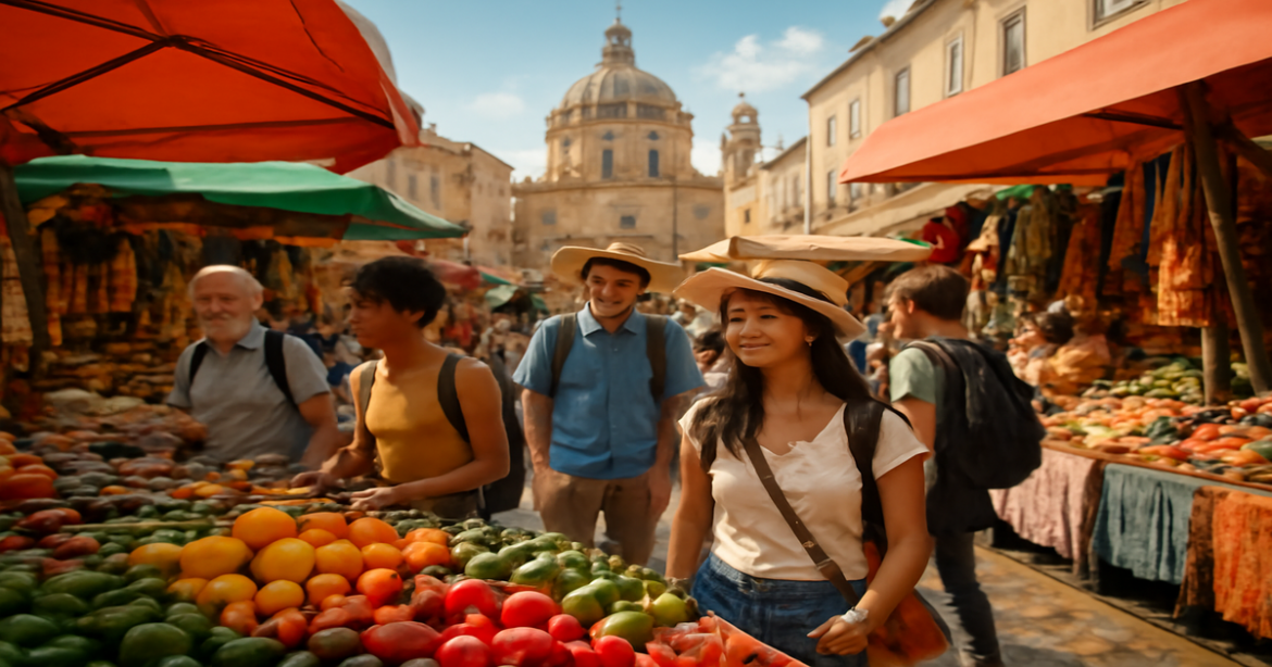 Советы туристам: a vibrant travel scene showcasing tourists enjoying a local city market.