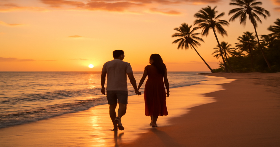 Inspiring travel image capturing a couple at the beach, illustrating советы туристам for a perfect vacation.
