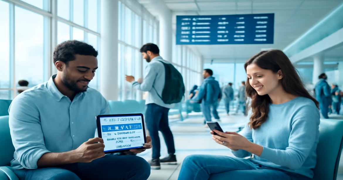 A vibrant airport scene illustrating сравнение авиабилетов for better travel prices.