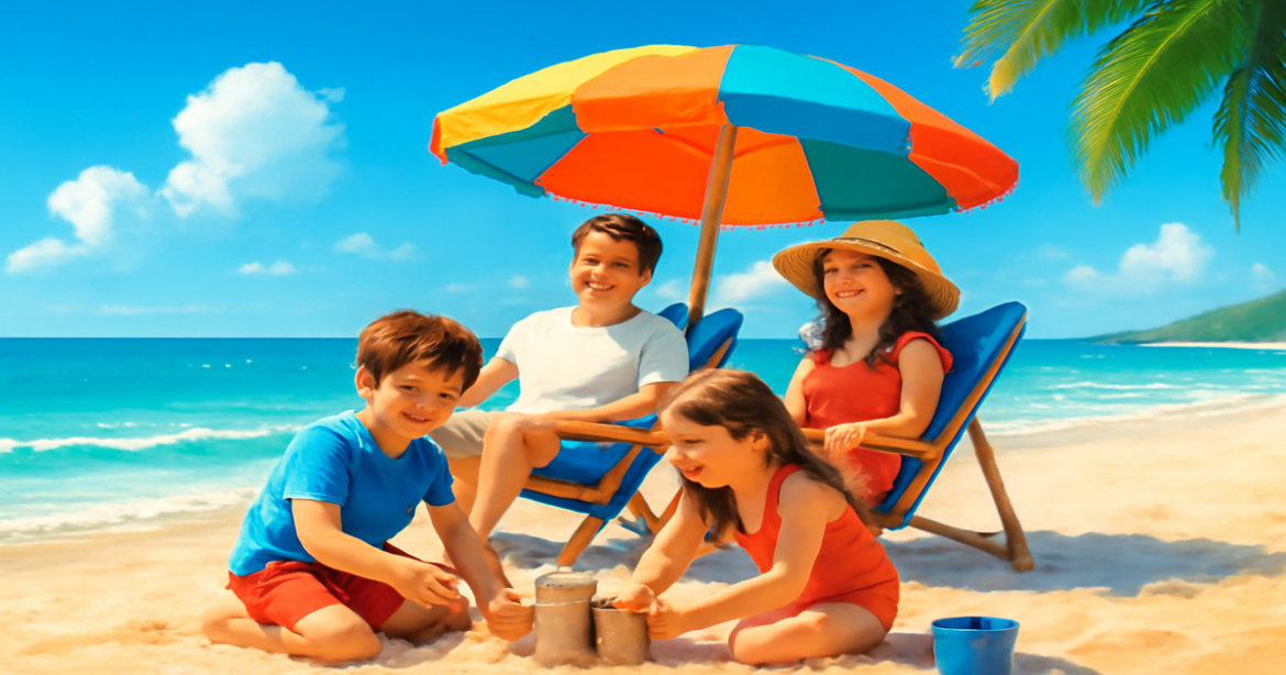 A joyful family enjoying their beach vacation, highlighting the essence of семейный отдых.